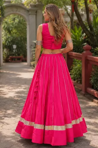 Red Cotton Free Size Stitched Navratri Lehenga Choli with Gota Patti & Mirro Work