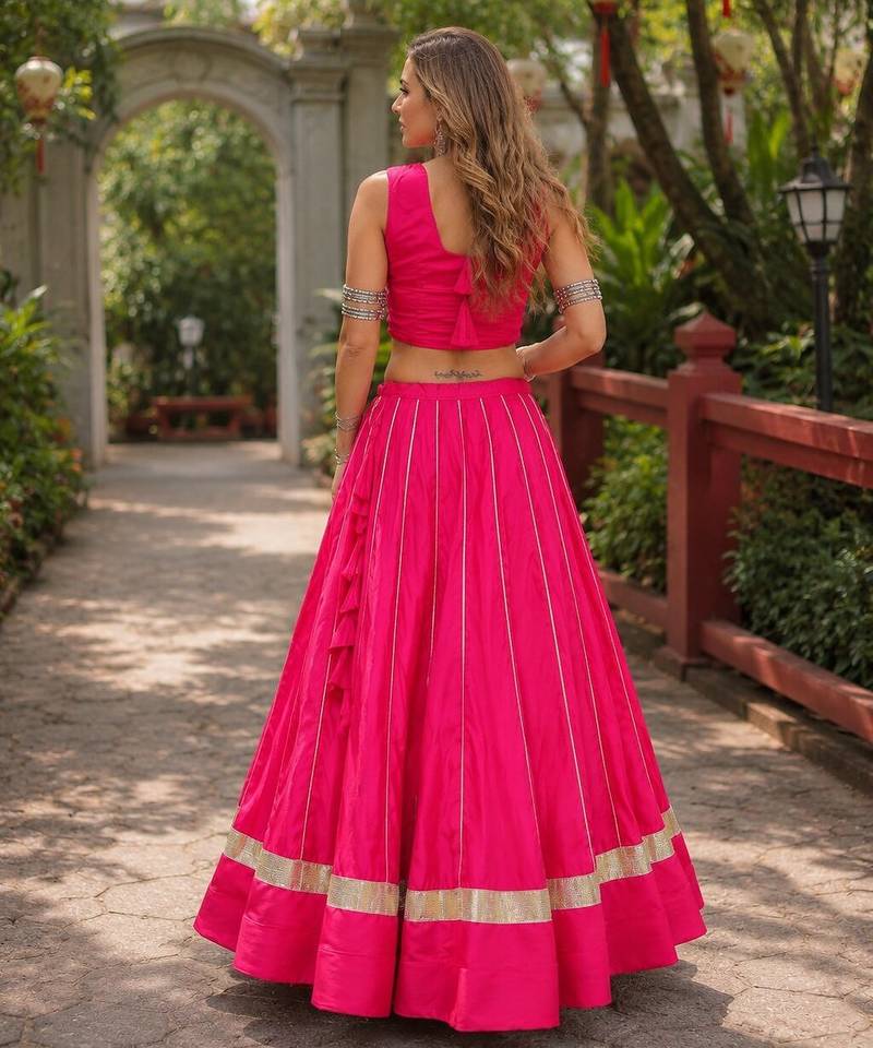 Red Cotton Free Size Stitched Navratri Lehenga Choli with Gota Patti & Mirro Work