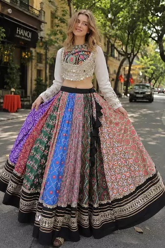 Multicolor Cotton Free Size Stitched Navratri Lehenga Choli with Gota Patti & Mirro Work
