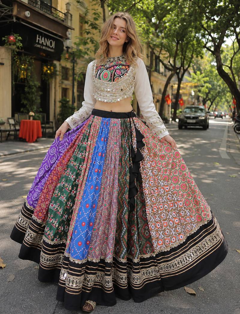 Multicolor Cotton Free Size Stitched Navratri Lehenga Choli with Gota Patti & Mirro Work