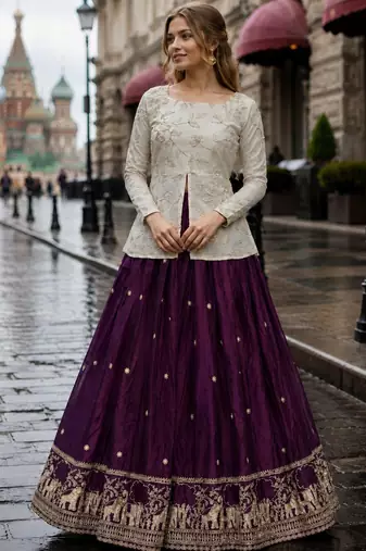 Maroon Silk Free Size Stitched Lehenga Choli with Embroidery & Zari Work