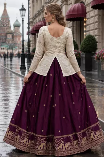 Maroon Silk Free Size Stitched Lehenga Choli with Embroidery & Zari Work