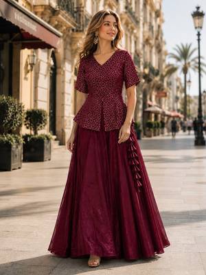 Maroon Satin Free Size Stitched Lehenga Choli with Embroidery & Sequin Work 1
