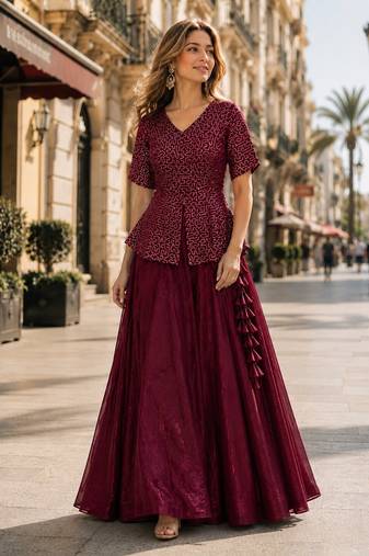 Maroon Satin Free Size Stitched Lehenga Choli with Embroidery & Sequin Work