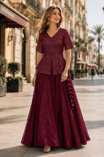 Maroon Satin Free Size Stitched Lehenga Choli with Embroidery & Sequin Work