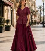 Maroon Satin Free Size Stitched Lehenga Choli with Embroidery & Sequin Work