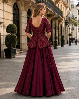 Maroon Satin Free Size Stitched Lehenga Choli with Embroidery & Sequin Work 2