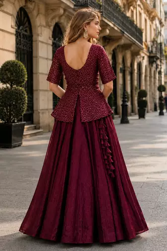 Maroon Satin Free Size Stitched Lehenga Choli with Embroidery & Sequin Work