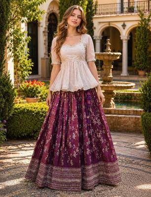 Wine Viscose Free Size Stitched Lehenga Choli with Embroidery & Sequin Work 1