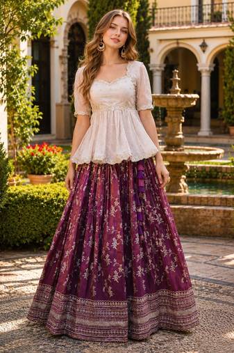Wine Viscose Free Size Stitched Lehenga Choli with Embroidery & Sequin Work