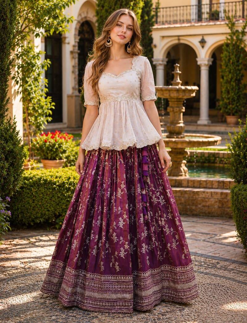 Wine Viscose Free Size Stitched Lehenga Choli with Embroidery & Sequin Work