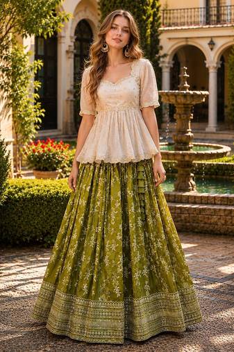 Green Viscose Free Size Stitched Lehenga Choli with Embroidery & Sequin Work
