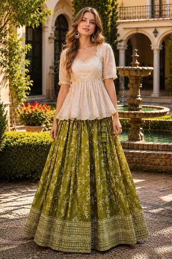 Green Viscose Free Size Stitched Lehenga Choli with Embroidery & Sequin Work