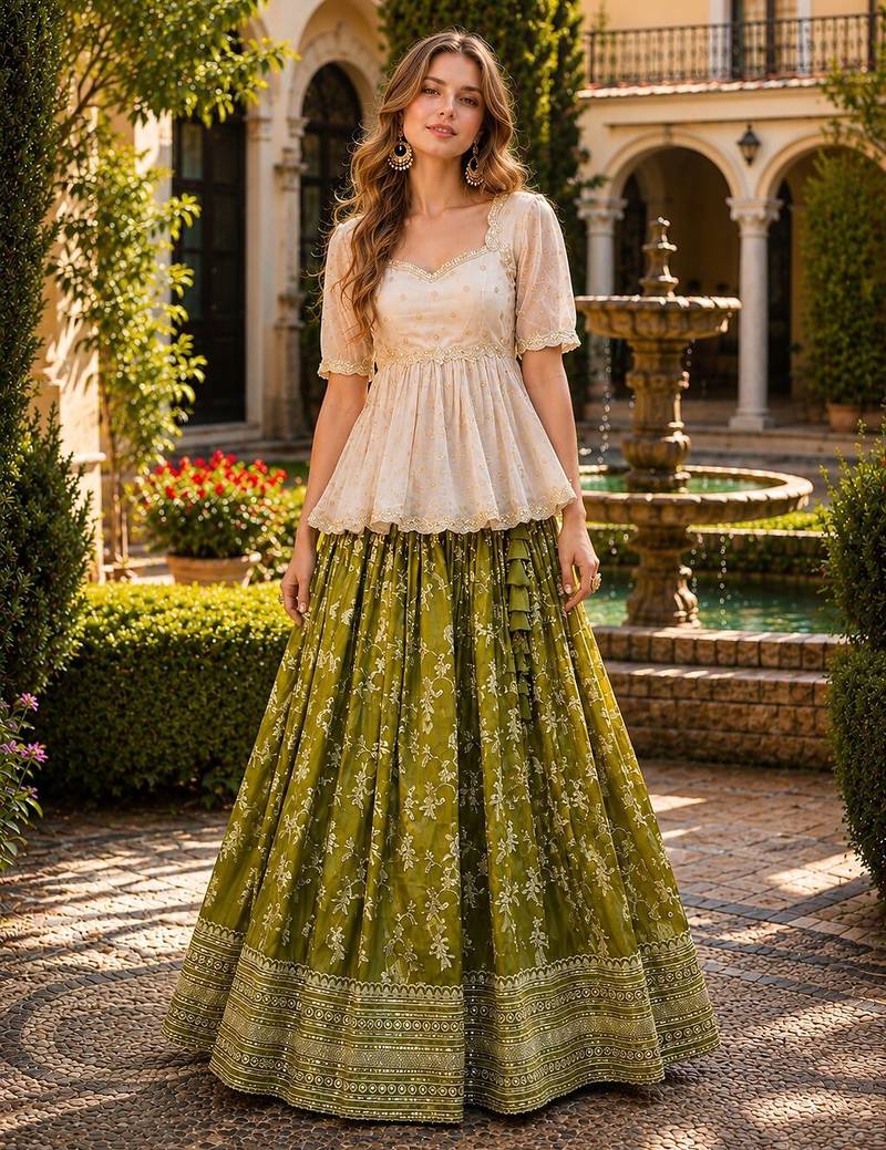 Green Viscose Free Size Stitched Lehenga Choli with Embroidery & Sequence Work