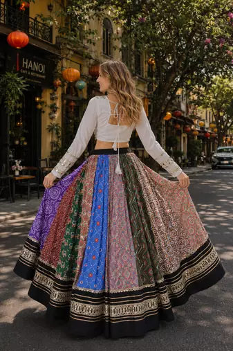 Multicolor Cotton Free Size Stitched Navratri Lehenga Choli with Gota Patti & Mirro Work