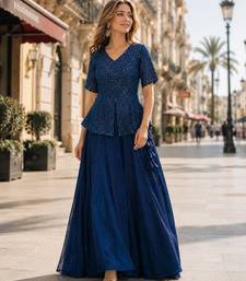 Navy-Blue Satin Free Size Stitched Lehenga Choli with Embroidery & Sequin Work
