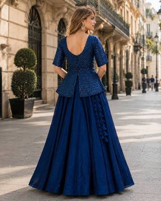 Navy-Blue Satin Free Size Stitched Lehenga Choli with Embroidery & Sequin Work 2