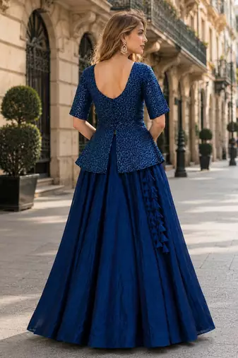 Navy-Blue Satin Free Size Stitched Lehenga Choli with Embroidery & Sequin Work