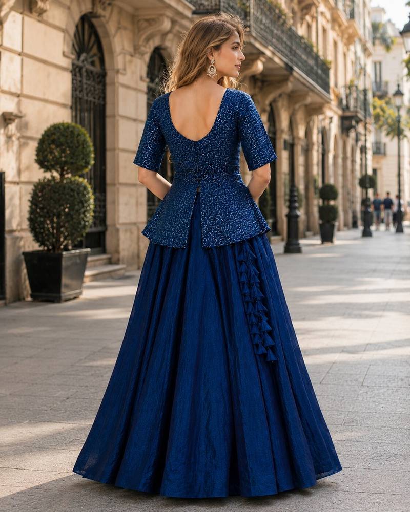 Navy-Blue Satin Free Size Stitched Lehenga Choli with Embroidery & Sequin Work