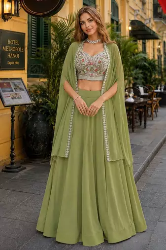 Mehendi Georgette Free Size Stitched Lehenga Choli with Embroidery & Beads Work