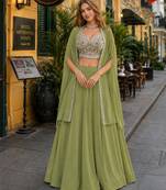Mehendi Georgette Free Size Stitched Lehenga Choli with Embroidery & Beads Work