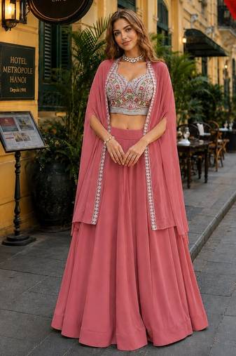 Peach Georgette Free Size Stitched Lehenga Choli with Embroidery & Beads Work