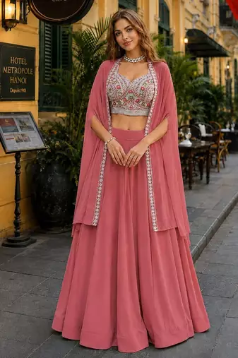 Peach Georgette Free Size Stitched Lehenga Choli with Embroidery & Beads Work