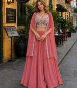 Peach Georgette Free Size Stitched Lehenga Choli with Embroidery & Beads Work