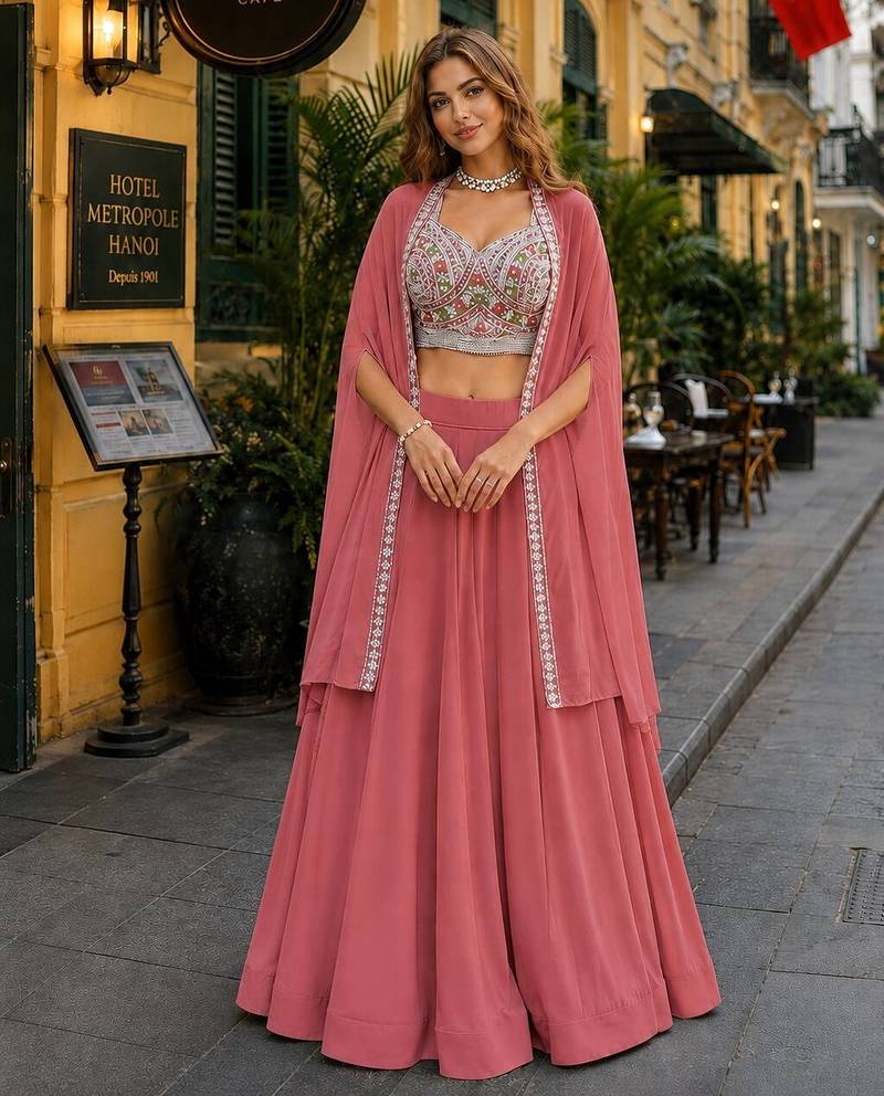 Peach Georgette Free Size Stitched Lehenga Choli with Embroidery & Beads Work