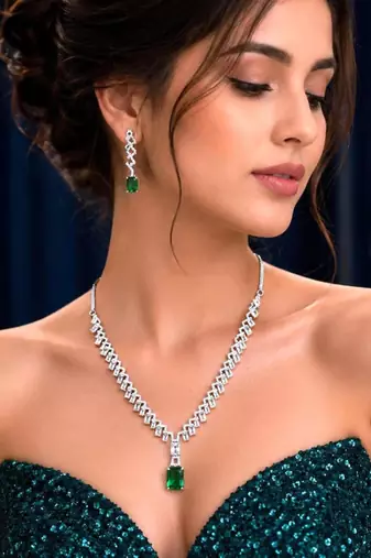 emerald green cubic zirconia bridal necklace and earrings set, art deco style