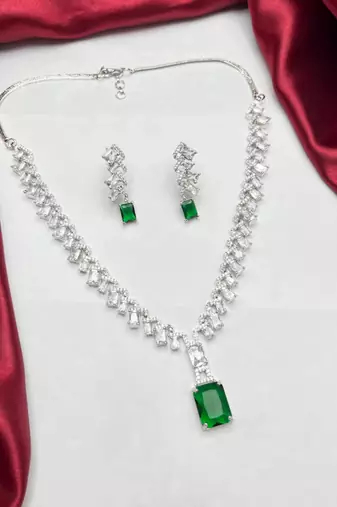 emerald green cubic zirconia bridal necklace and earrings set, art deco style