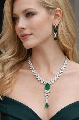 emerald marquise leaf bridal jewellery set, pear cut wedding necklace earrings