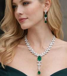 emerald marquise leaf bridal jewellery set, pear cut wedding necklace earrings