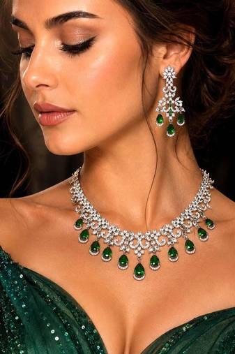 emerald green cz necklace set indian bollywood jewellery