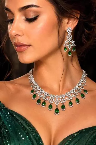 emerald green cz necklace set: indian bollywood jewellery
