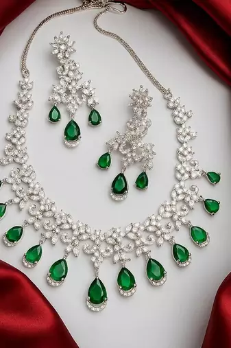 emerald green cz necklace set: indian bollywood jewellery
