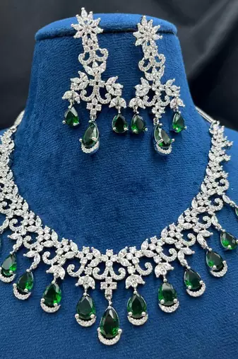 emerald green cz necklace set: indian bollywood jewellery