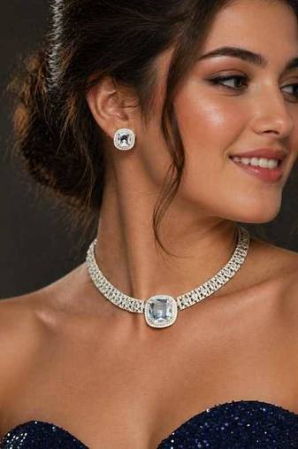 cushion cut cz statement necklace earring set, silver plated bridal wedding jewellery choker