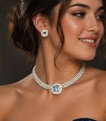 cushion cut cz statement necklace earring set, silver plated bridal wedding jewellery choker