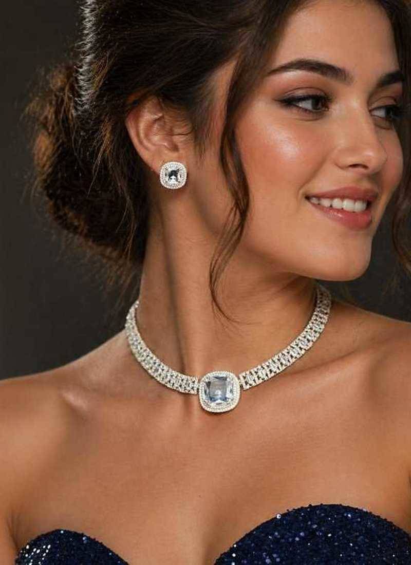cushion cut cz statement necklace earring set, silver plated bridal wedding jewellery choker