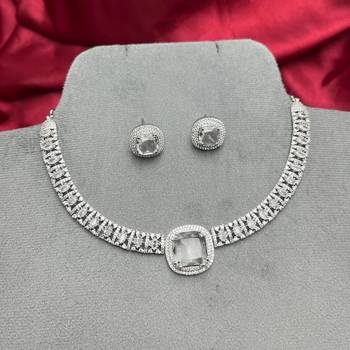 cushion cut cz statement necklace earring set, silver plated bridal wedding jewellery choker 2
