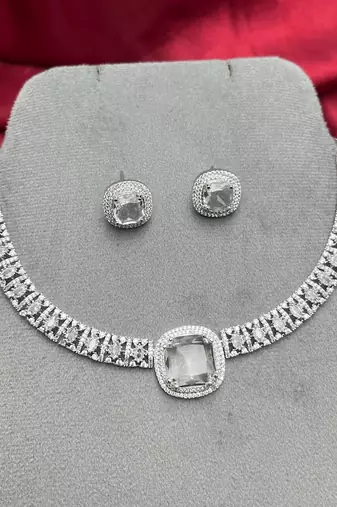 cushion cut cz statement necklace earring set, silver plated bridal wedding jewellery choker