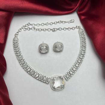 cushion cut cz statement necklace earring set, silver plated bridal wedding jewellery choker 3