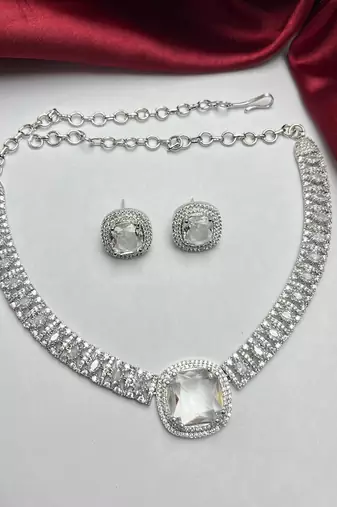 cushion cut cz statement necklace earring set, silver plated bridal wedding jewellery choker