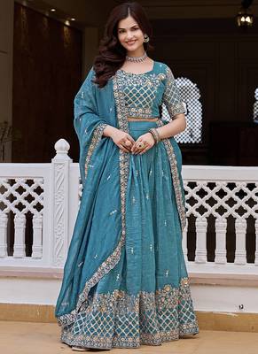 Aqua Blue Silk Blend Embroidered Lehenga Choli Set With Dupatta 1