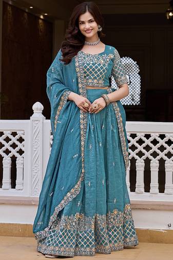 Aqua Blue Silk Blend Embroidered Lehenga Choli Set With Dupatta