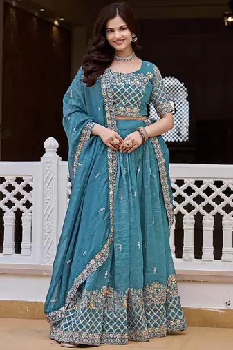 Aqua Blue Silk Blend Embroidered Lehenga Choli Set With Dupatta