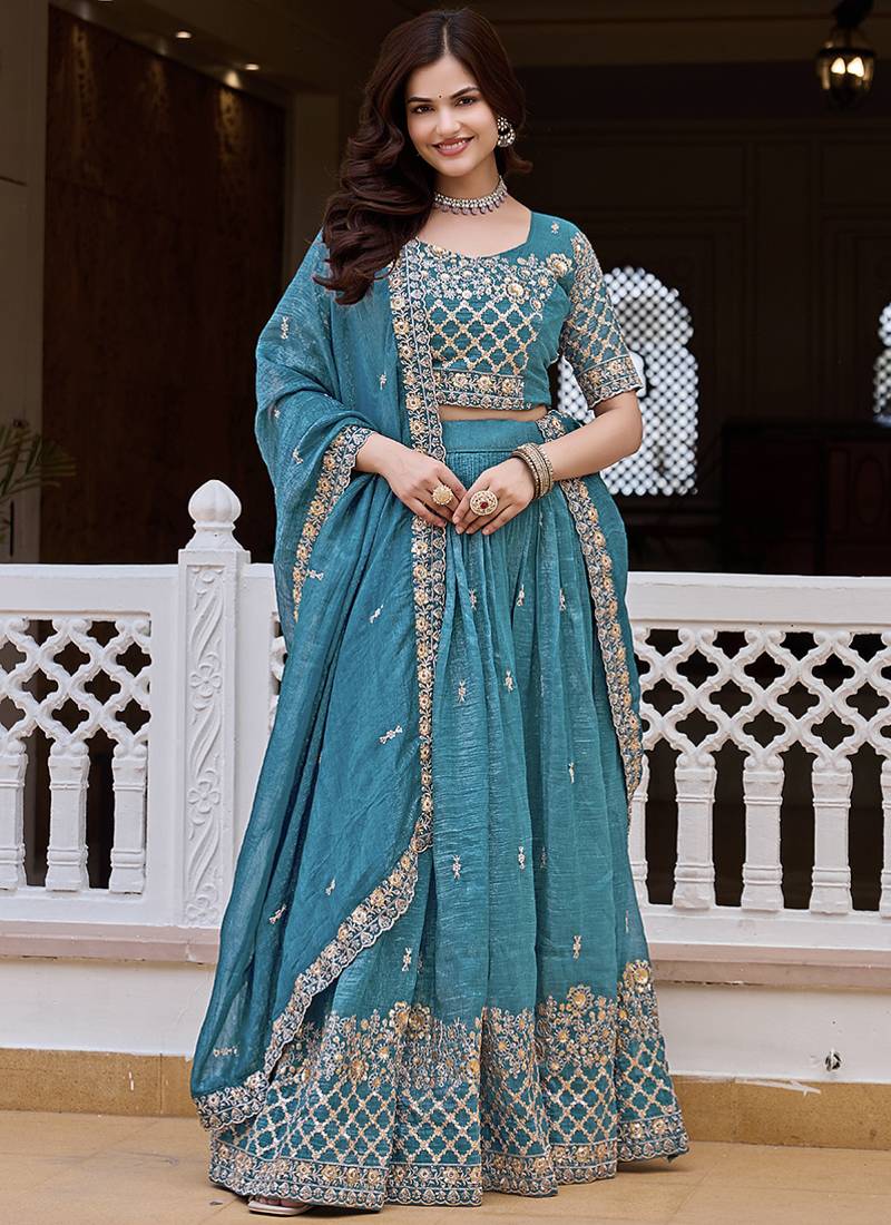 Aqua Blue Silk Blend Embroidered Lehenga Choli Set With Dupatta