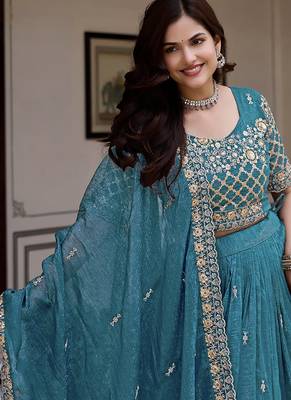 Aqua Blue Silk Blend Embroidered Lehenga Choli Set With Dupatta 2