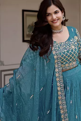 Aqua Blue Silk Blend Embroidered Lehenga Choli Set With Dupatta